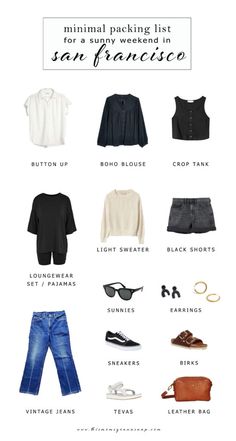 Northern California Packing List, San Francisco Capsule Wardrobe, Long Weekend Packing List Spring, San Francisco Spring Outfit Ideas, Long Weekend Packing List, Minimal Packing List, Closet Color Palette