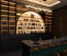 a dimly lit bar with many bottles on the shelves and lights hanging from the ceiling