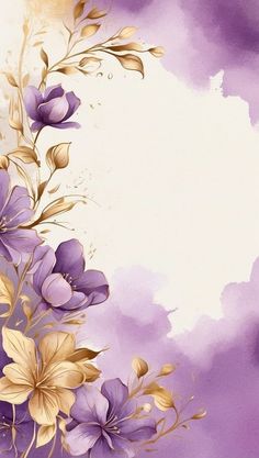 an artistic painting with purple flowers and gold leaves