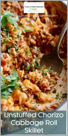 a skillet filled with unstufled chorizo cabbage roll skillet