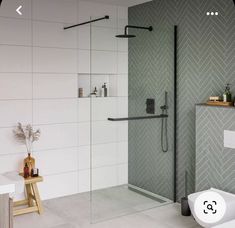 a bathroom with a walk in shower next to a toilet