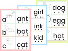 four printable flash cards with the words,'girl, bat, and cat '