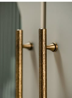 two gold handles are shown in front of a mirror