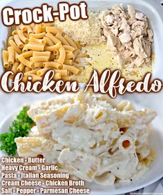 the chicken alfredo recipe is shown on a white plate