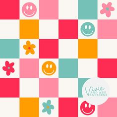 a checkered pattern with smiley faces and flowers