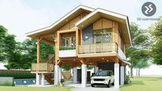 a car is parked in front of a two story house with balconies on the second floor