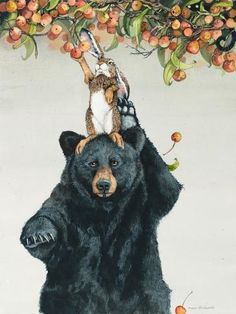 a painting of a bear and rabbit sitting on top of another bear's head