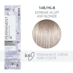 ion Color Brilliance Permanent Creme Hair Color utilizes pure ionic micro pigments for deeper, more intense color. Ion 14B Extreme High Lift Ash Blonde Permanent Creme Hair Color | Blonde | 2.05 oz. | Sally Beauty Ion Hair Color Chart, Blonde Box Dye, Ion Hair Colors, Beige Blonde Hair Color, Ash Blonde Hair Balayage, Ion Color Brilliance, Ash Blonde Hair Colour, Hair Color Blonde, Icy Blonde Hair