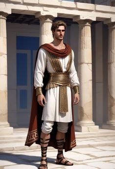 a man dressed in ancient greek clothing standing on a stone floor with columns behind him