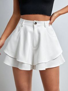 Plus Size Women's Fashion Casual Commuter Business Women Clothes  Double-Layer Hem Ruffled Hem Fall Pants White Commuter Shorts White Casual   Woven Fabric Plain Wide Leg Non-Stretch  Women Plus Clothing, size features are:Bust: ,Length: ,Sleeve Length: Designer Shorts Women, Short Elegantes, Skort Outfit, Types Of Shorts, Shorts Outfits Women, Women Bottoms, Fall Pants, Skirt Shorts, Women Shorts