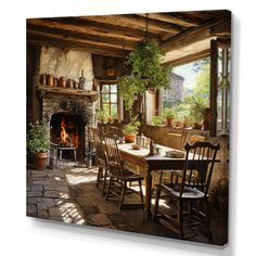 a painting of a dining room with a fireplace in the corner and potted plants on the table