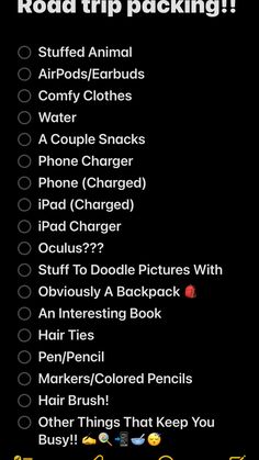 the road trip packing list is shown