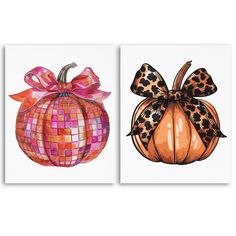 two paintings of pumpkins with bows and leopard print on them, one is orange