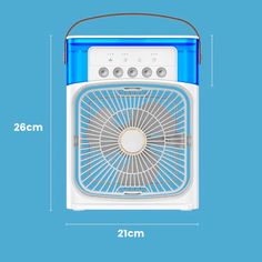 an electric fan heater is shown on a blue background with measurements for the size