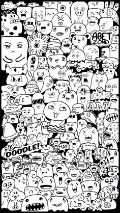 a black and white drawing of many different faces