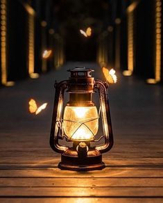 a lantern lit up on a wooden walkway with butterflies flying around it at night time