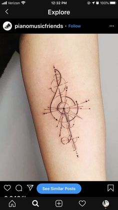 a person with a tattoo on their arm that reads explore piano music friends follow see similar posts