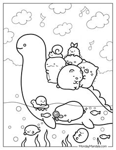 a coloring page with an image of a dinosaur and other animals in the water,