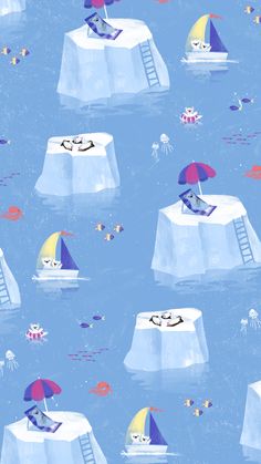 an iceberg with cats and umbrellas floating in the water