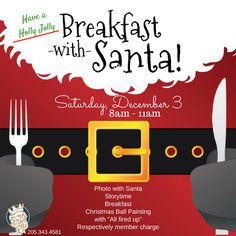 a poster for breakfast with santa featuring fork and knife in front of a red background