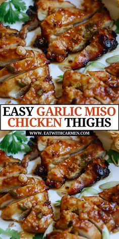 easy garlic miso chicken thighs on a plate