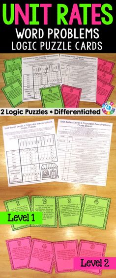 the unit rate word problems puzzle game is shown in three different colors and sizes, with text