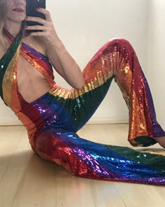 Oxumare Rainbow Disco Jumpsuit. 70s Rainbow Sequin One-piece Pride Partywear. Pride Jumpsuit. Rainbow Costume. Cher Costume. Festivalwear - Etsy Rainbow Performance Outfit, Rainbow Harness, 70s Sequin Jumpsuit, Cher Rainbow Outfit, Cher Inspired Outfits 70s, Cher Jumpsuit, Disco Rave, Rainbow Suit, Light Up Clothing