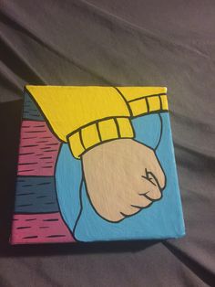 a painting of a person's hand with a yellow hat on it, in blue and pink colors