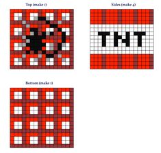 four squares with the letters t and bottom made out of red, white and black squares