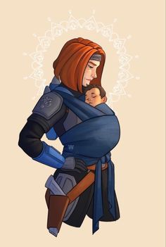 a drawing of a woman holding a baby in her arms and wearing a blue jacket