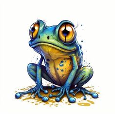 a blue frog with yellow eyes sitting on the ground