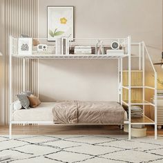 a white bunk bed sitting in a bedroom next to a lamp and rug on top of a wooden floor