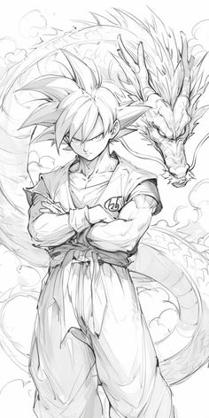 a drawing of gohan with his arms crossed in front of him and an animal head on