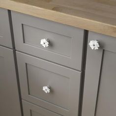 the drawers are painted gray with white knobs