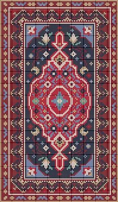 a red and blue rug with an ornate design on the bottom, in different colors