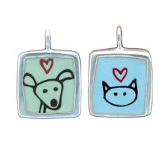 Reversible Sterling Silver and Enamel Love Kitty and Happy Dog Necklace Drawing Of A Dog, Green Drawing, Blue Drawings, Vitreous Enamel, Custom Screen Printing, Dog Pendant, Dog Necklace, Cute Box, Enamel Necklaces