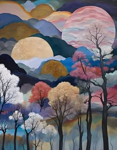 a painting of trees and mountains with the moon in the sky above them, as well as clouds