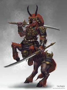 an image of a demon riding on a horse with two swords in his hand and wearing armor