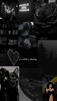 black and white collage with images of people, books, flowers, and other things