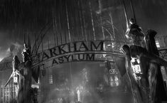 an arch that reads arkham asym in the rain