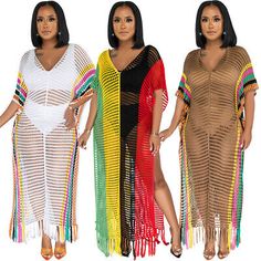 Premium Quality Summer New Women Short Sleeves V Neck Hollow Out Tassel Knit Beach Dress, Women's Dresses Women Jumpsuit, Long Dress Design, Long Beach Dress, Crochet Cover Up, Cover Beachwear, Beach Maxi Dress, Estilo Chic, Boho Kimono, Beach Wear Dresses