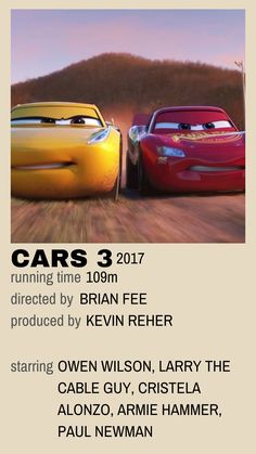 the poster for cars 3 is shown in front of an image of two cartoon characters