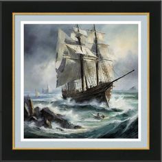 a painting of a ship in rough seas