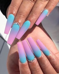 Blue Pink Ombre Nails, Long Pink Acrylic Nails, Cotton Candy Nails, Sassy Nails, Nail Art Designs Videos, Nail Art Wedding, Pink Acrylic