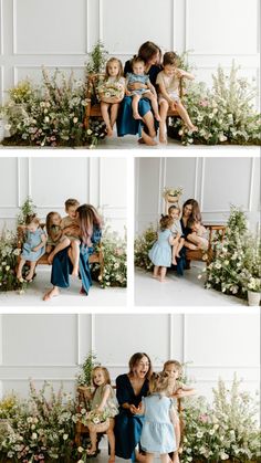 Mother and her three kids sit on a bench in a studio surrounded by spring wild flowers Mommy And Me Vintage Photo Shoot, Mother’s Day Florals Photoshoot, Mothersday Photoshoot Studio, Mother’s Day Mini Outside, Mother Days Photoshoot Ideas, Indoor Mothers Day Photoshoot, Indoor Floral Photoshoot, Mother’s Day Mini Photoshoot, Mother’s Day Mini Session Poses