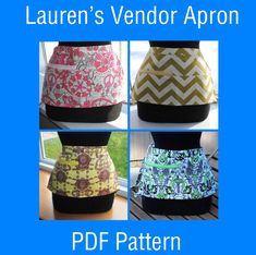 four different styles of skirts with the words lauren's vendor apron on them in multiple colors