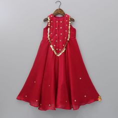 Elegant Red Dress Design, Festive Wear Inspiration, Formal Event Outfit Ideas, Red Sleeveless Dress With Gold Accents, Gold Embellished Dress Style