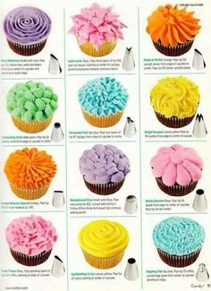 an advertisement for cupcakes with frosting colors and icing tips on it