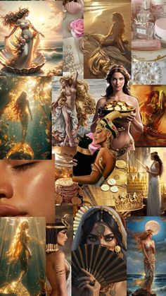 a collage of photos with different women in gold and white outfits, including one woman's face