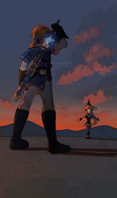 two anime characters standing in front of a sunset